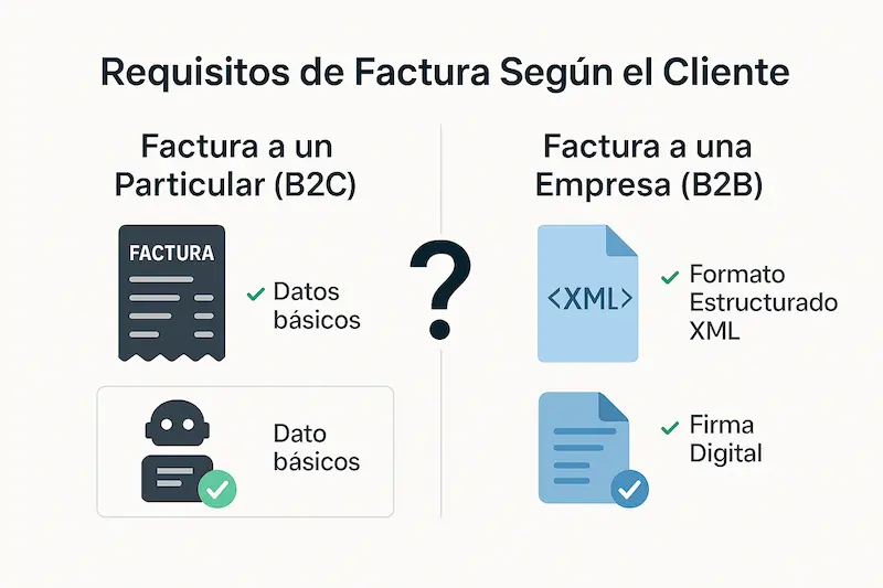 Infografía que muestra la diferencia entre los requisitos de una factura a un particular (B2C) y una factura entre empresas (B2B). La factura para un particular tiene que tener un formato especial.