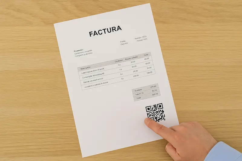 Una factura española con un código QR de Verifactu claramente visible, siendo señalada por un dedo. Qué facturas deben incluir el código qr de verifactu.