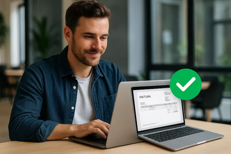 Un autónomo trabajando en su portátil, con un símbolo de check verde sobre la pantalla que muestra una factura electrónica.