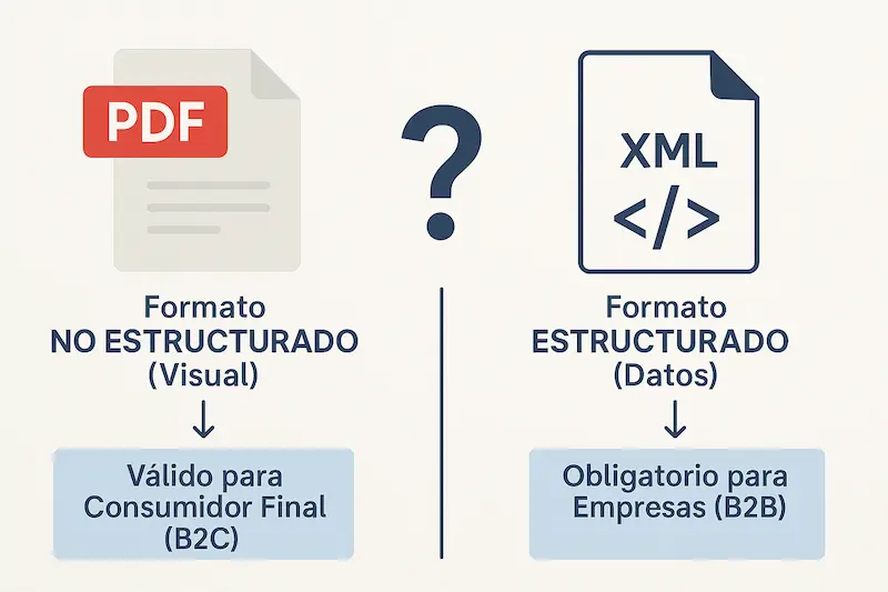 Infografía explicando si una factura en PDF se considera un formato válido en España, comparando un PDF con un archivo XML.