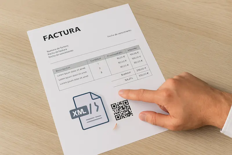 Qué tipo de facturas deben incluir el código QR de VeriFactu. Una factura con un código QR de VeriFactu claramente visible, siendo señalada por un dedo.