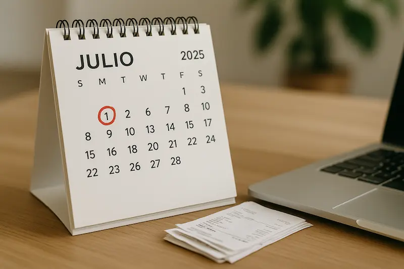 Un calendario con la fecha límite para la fecha límite facturación electrónica 2025 marcada en rojo, con iconos de facturas y ordenadores.