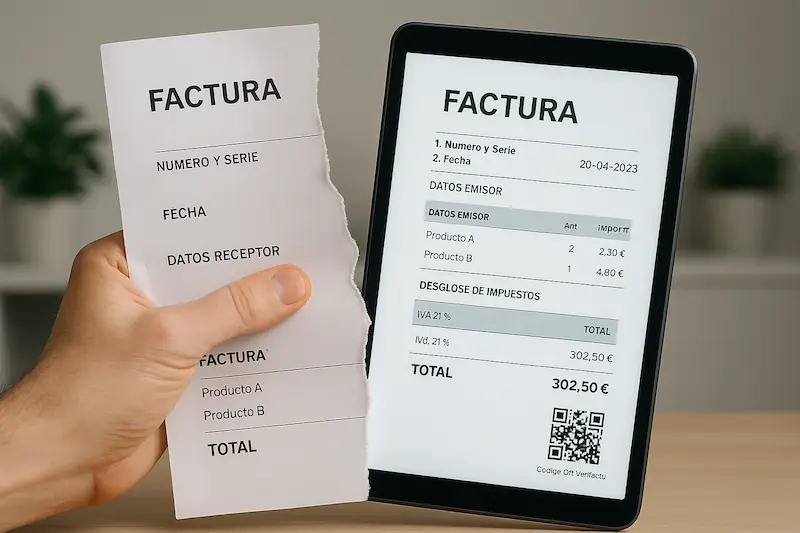Una factura en papel rasgándose por la mitad para revelar una factura digital en una pantalla de tablet. Cuándo desaparecen las facturas en papel.
