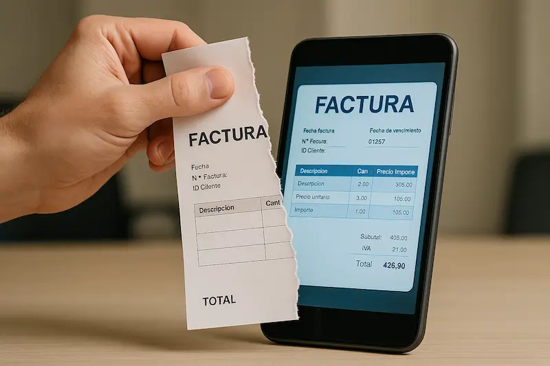 Una factura en papel rasgándose por la mitad para revelar una factura digital en una pantalla de tablet. Cuándo desaparece la factura en papel.