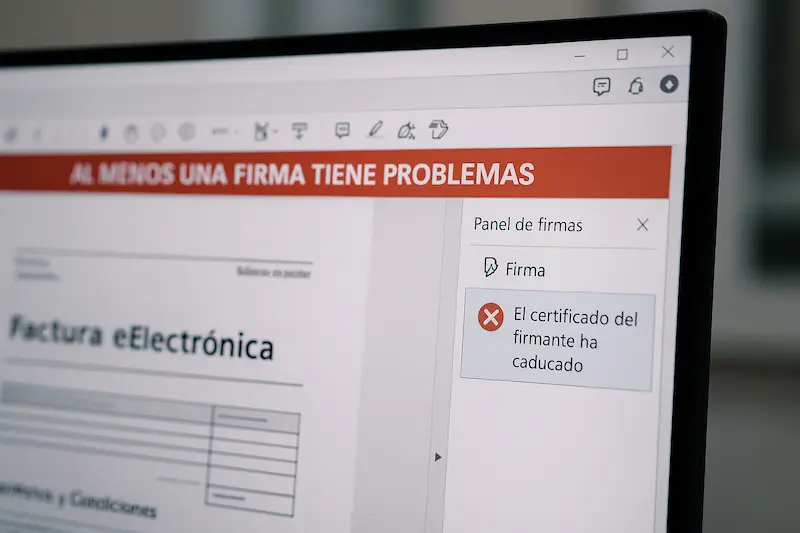 Qué pasa si un certificado digital está caducado al verificar una firma. Un documento digital con una advertencia de "firma no válida" debido a un certificado digital caducado. .