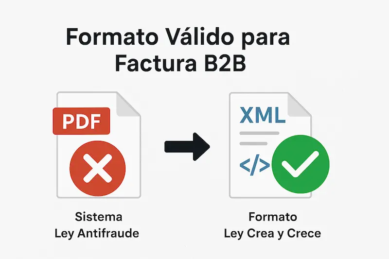 Una comparativa de qué formato tiene que tener una factura electrónica para ser válida, formatos de factura electrónica, con un tick verde en el formato XML y una cruz roja en el PDF.
