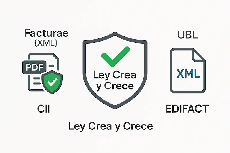 Qué formatos de facturas electrónicas son obligatorios según la Ley Crea y Crece. Varios iconos de formatos de factura electrónica (Facturae, UBL, EDIFACT) con un sello de "Aprobado por Ley Crea y Crece".