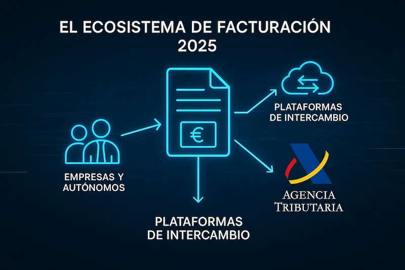 ¿Qué Será la Factura Electrónica en España a partir de 2025? 7 Una infografía futurista mostrando el nuevo ecosistema qué será la factura electrónica en España a partir de 2025.
