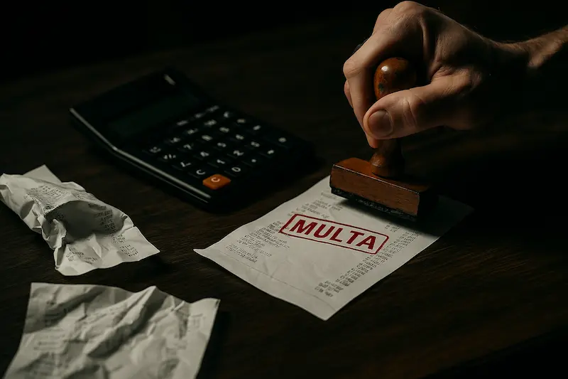 Una mano estampando un sello de "MULTA" sobre una calculadora y papeles, simbolizando las sanciones por no emitir una factura. Qué pasa si no emito una factura.