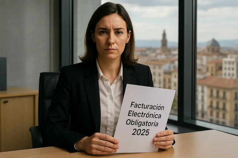 Un empresario en España revisando un documento de ley sobre la obligación de la factura electrónica en 2025. Quién está obligado a facturar electrónicamente en España 2025