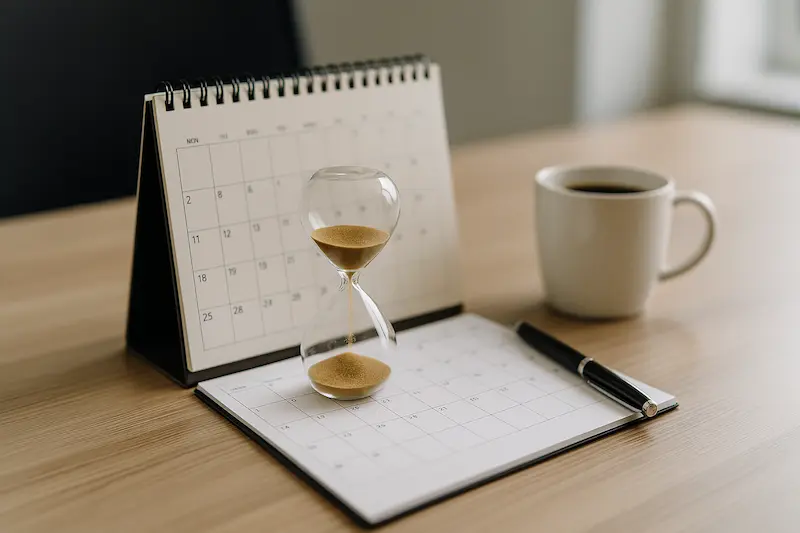 Un reloj de arena a punto de agotarse sobre un calendario, simbolizando cuál es el plazo para emitir una factura electrónica.