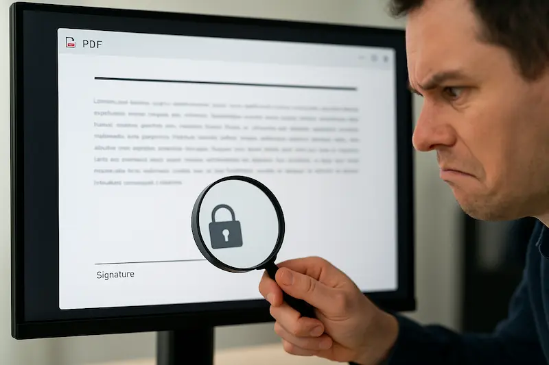 Una persona con una lupa buscando su firma invisible en un documento PDF en una pantalla de ordenador. Por qué mi firma electrónica no se ve en el documento.