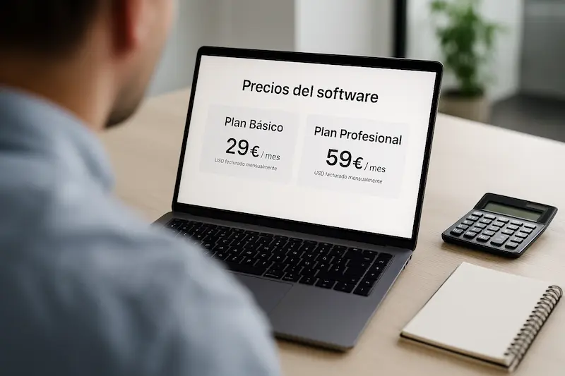 Una persona analizando un software el precio de Verifactu en un ordenador, con una calculadora y gráficos de costes.