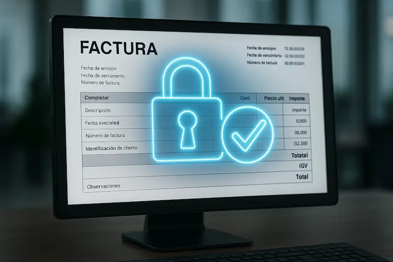 Un candado digital brillante superpuesto sobre una factura electrónica en un ordenador, representando la seguridad de la firma digital. Qué es la firma digital en la factura electrónica.