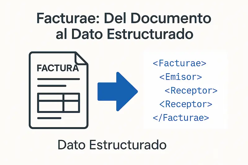 Una infografía explicando qué es el formato Facturae, mostrando un documento convirtiéndose en código XML estructurado.