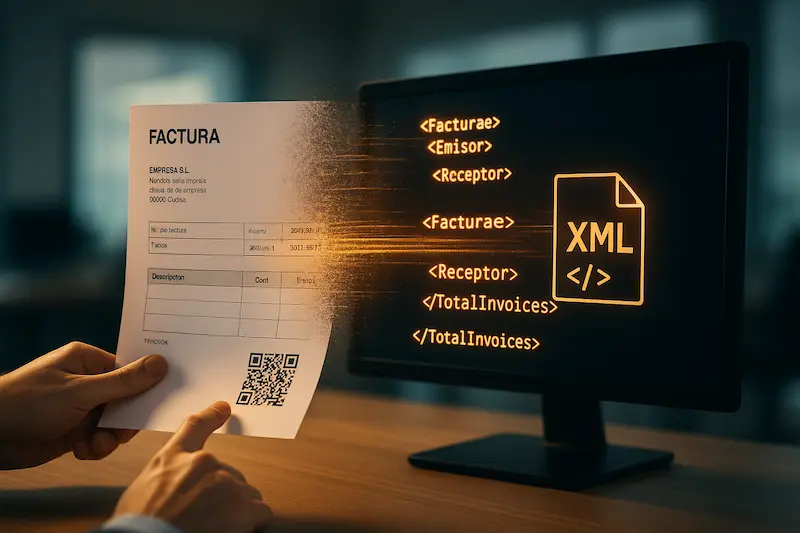 Un gráfico explicando qué es el formato XML para la facturación electrónica, mostrando su estructura de etiquetas y datos.
