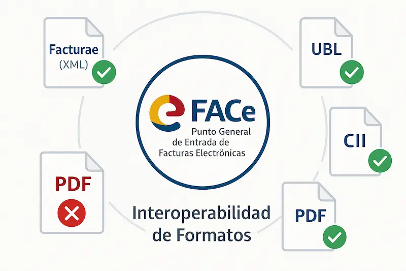 El logo de FACe con iconos de qué formatos de facturas admite FACe, como XML Facturae.
