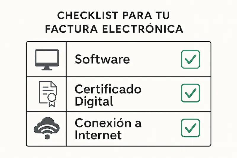 Checklist con lo que se necesita para generar una factura electrónica: software, certificado digital y conexión.