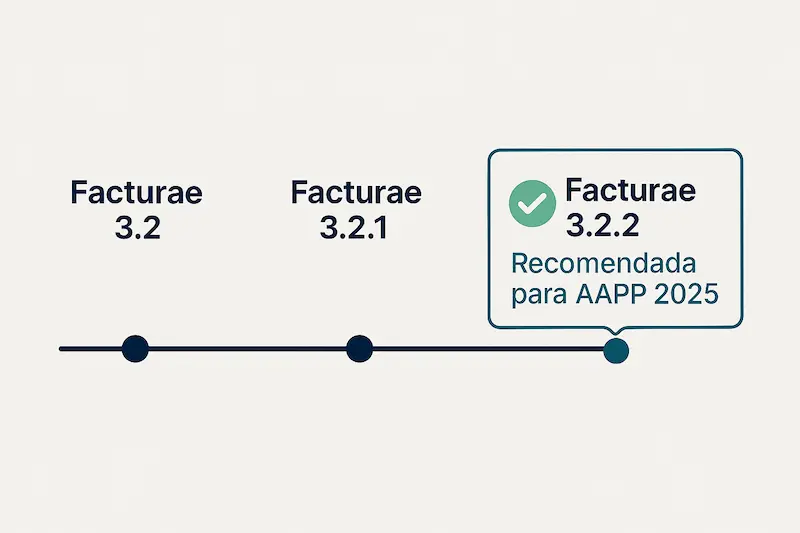 Infografía mostrando las diferentes versiones de Facturae y destacando la versión 3.2.2 como qué versión de Facturae debo usar.
