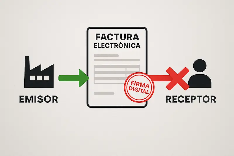 Quién debe firmar la factura electrónica. Una infografía mostrando que el emisor debe firmar la factura electrónica y el receptor no.