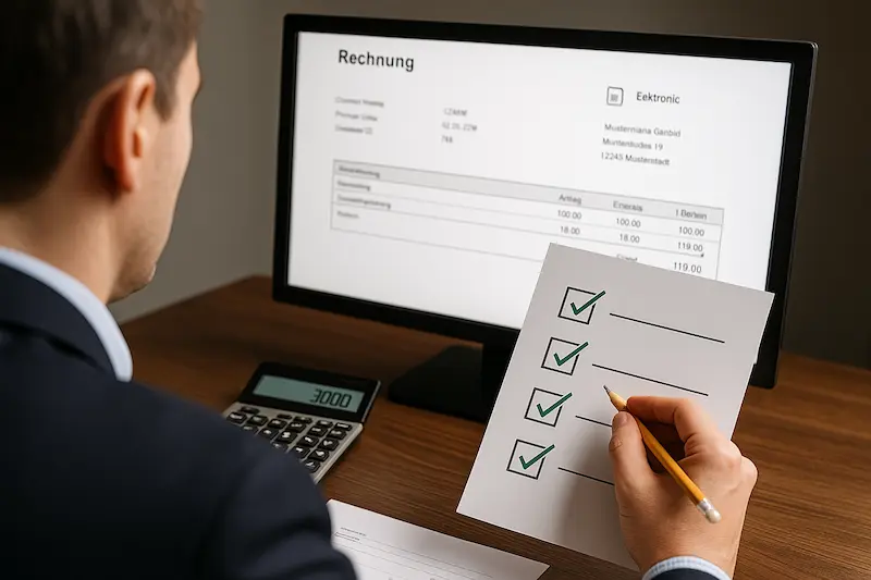 Una persona revisando una factura electrónica en una pantalla con un checklist, verificando los requisitos. Cuáles son los requisitos para una factura electrónica.
