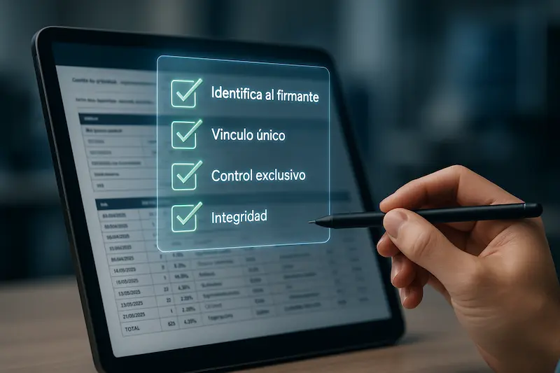 Un checklist verificando con qué requisitos debe cumplir una firma electrónica para ser reconocida en un documento digital.