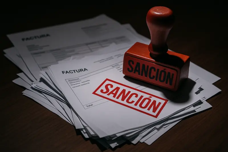 Un documento oficial con un gran sello rojo de "SANCIÓN" sobre una pila de facturas de papel. ¿Qué pasa si no facturo electrónicamente?