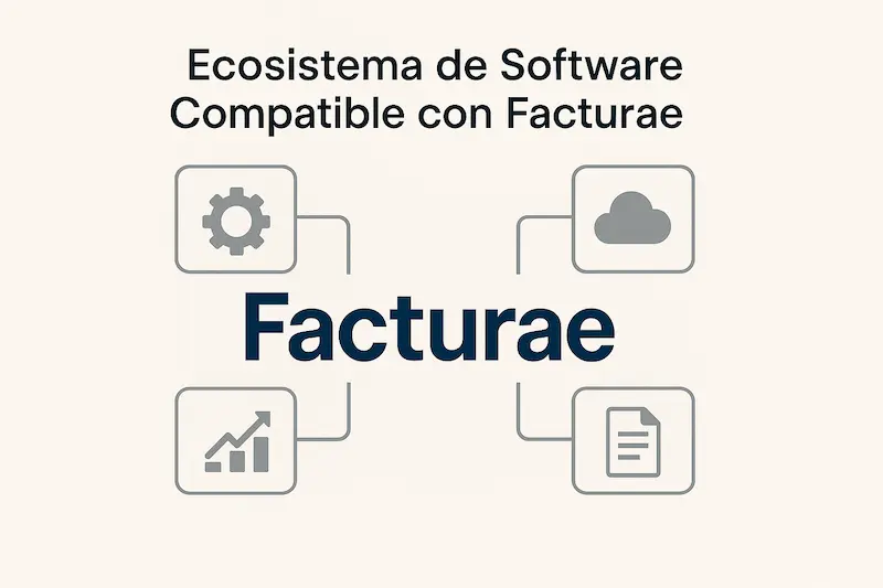 Varios logos de software de facturación conectando con el logo oficial del formato Facturae, indicando compatibilidad. Qué software es compatible con el formato Facturae.