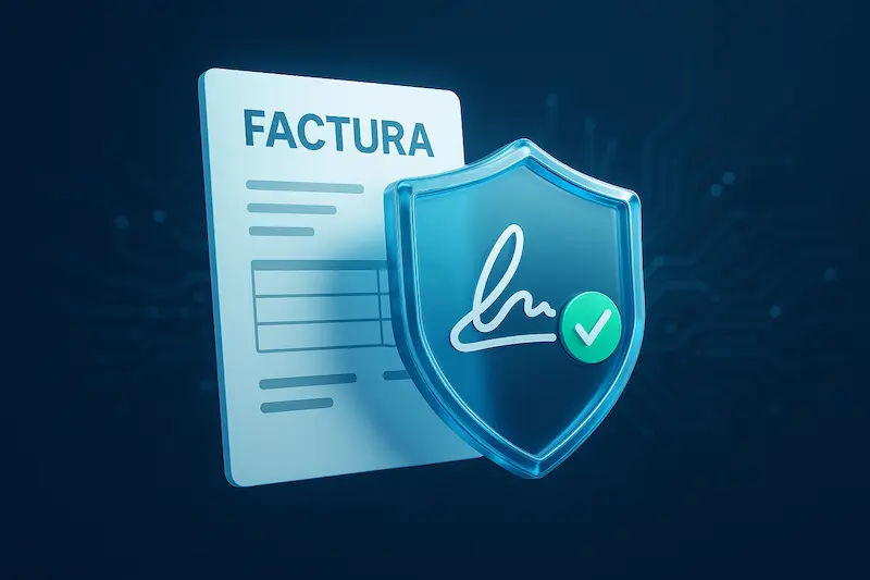 Qué tipo de firma electrónica es la más segura para una factura. Un escudo de máxima seguridad protegiendo una firma digital en una factura electrónica.