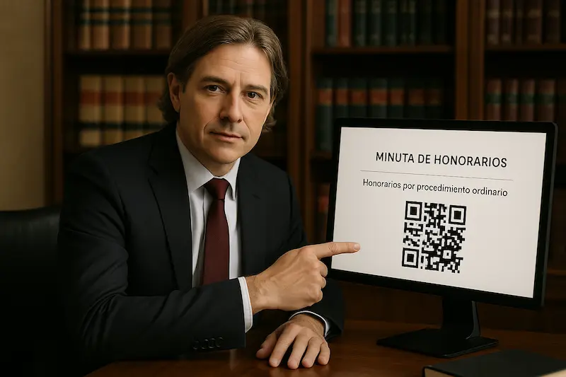 ¿Los abogados y pequeños despachos están obligados a usar VeriFactu?. Un abogado en su despacho mostrando una minuta de honorarios con código QR en su ordenador, demostrando que los abogados están obligados a usar VeriFactu.
