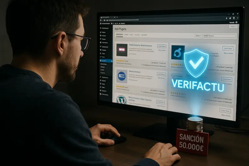 Adaptar woocommerce a verifactu. Un experto trabajando en un portátil que muestra el panel de WooCommerce y un holograma del logo de Verifactu con un tick de cumplimiento.