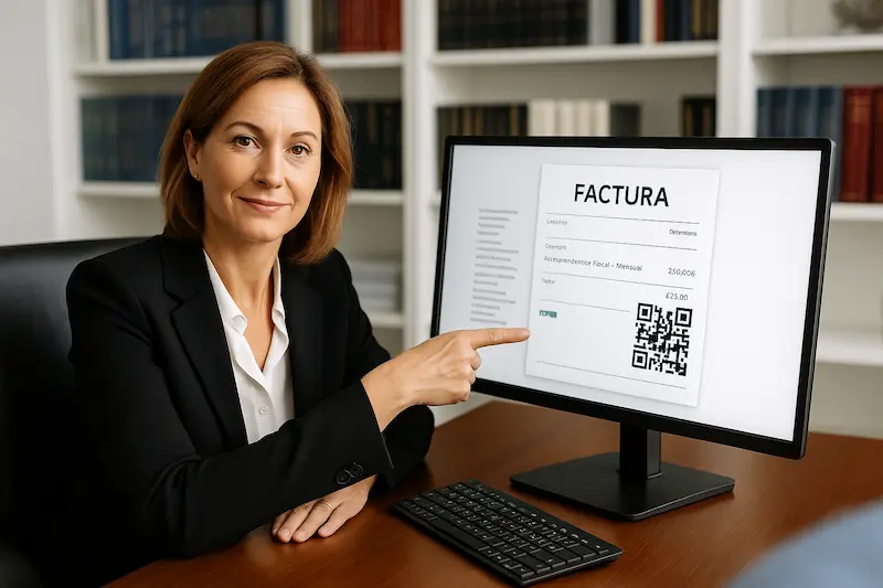 ¿Las asesorías y gestorías deben usar VeriFactu para su propia facturación?. Un asesor fiscal en su despacho mostrando una factura de sus honorarios con un código QR, demostrando que las asesorías deben usar VeriFactu para su propia facturación.