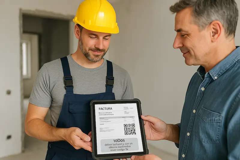 ¿Los autónomos de la construcción y reformas están obligados a usar VeriFactu?. Un autónomo de la construcción mostrando a un cliente una factura con código QR en una tablet en plena obra, demostrando que están obligados a usar VeriFactu.