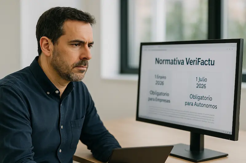 Un autónomo en su oficina revisando la normativa sobre qué autónomos están exentos de VeriFactu.