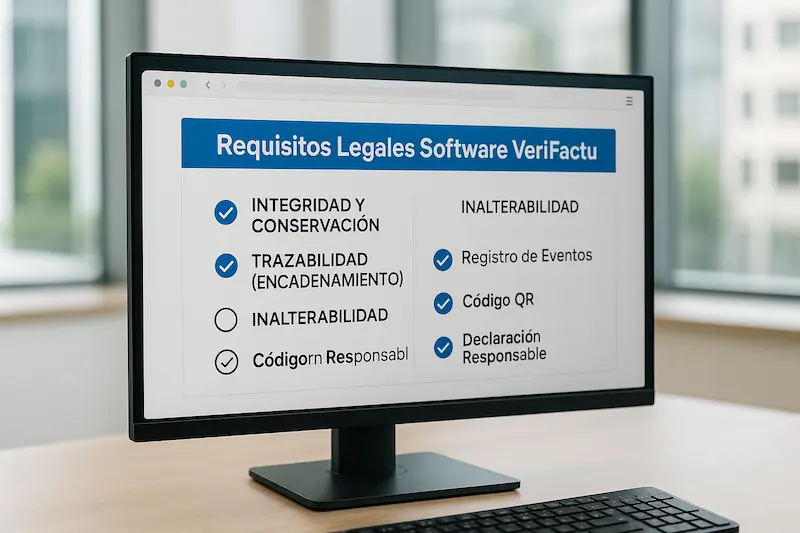 Cuáles son los requisitos legales que debe cumplir un software para ser considerado VeriFactu. Checklist en un ordenador mostrando los requisitos legales que debe cumplir un software para ser considerado VeriFactu.