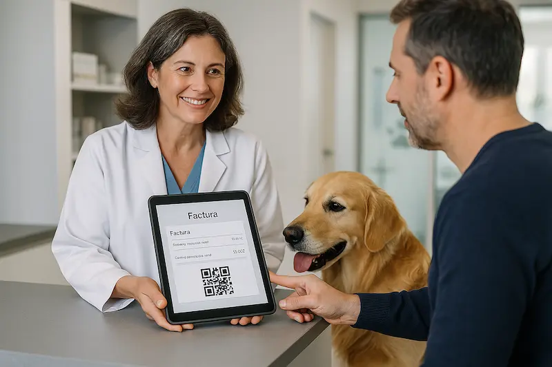 ¿Las clínicas veterinarias están obligadas a usar VeriFactu?. Un veterinario en su clínica mostrando una factura con código QR en una tablet, demostrando que las clínicas veterinarias están obligadas a usar VeriFactu.