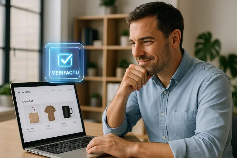 Guía sobre cómo adaptar tu tienda online a Verifactu con un ordenador mostrando un ecommerce y el logo de Verifactu.