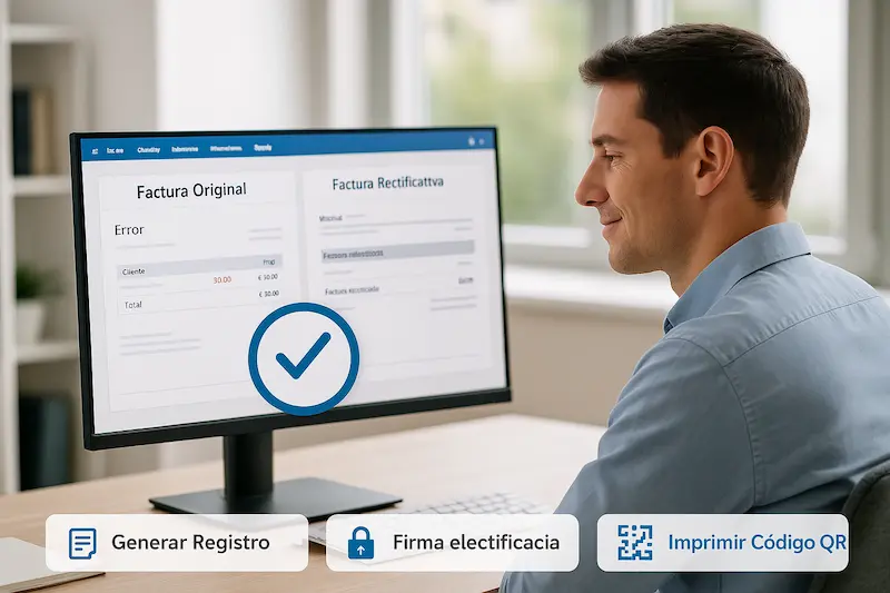 ¿Cómo se emite una factura rectificativa (o abono) con un sistema VeriFactu?. Cómo se emite una factura rectificativa o abono con un sistema VeriFactu, mostrando el proceso en un ordenador.