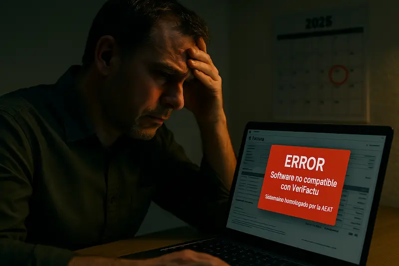 ¿Qué ocurre si mi software de facturación no es compatible con VeriFactu?. Un empresario preocupado mira una pantalla de ordenador con un mensaje de error de 'software no compatible con VeriFactu' mientras de fondo se ve un calendario marcando la fecha límite.