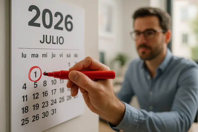 Un autónomo en su escritorio marca en un calendario de 2026 la fecha del 1 de julio, indicando cuándo es obligatorio VeriFactu para los autónomos.