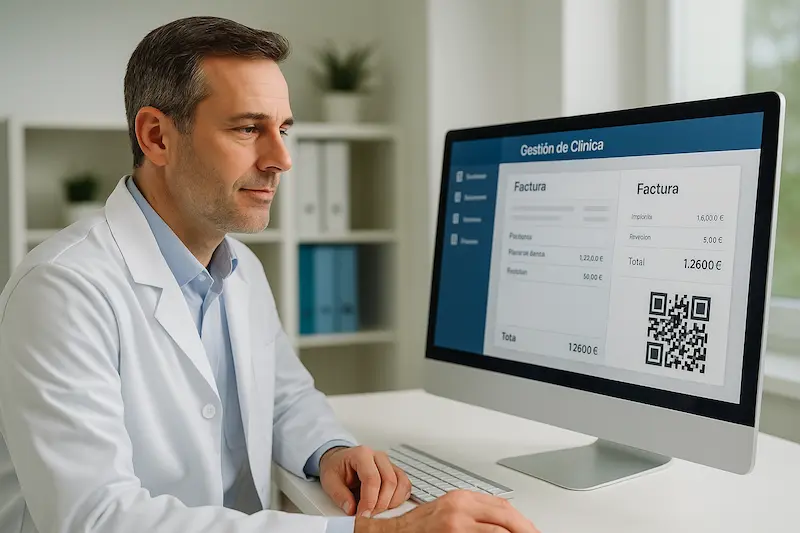¿Los dentistas y las clínicas privadas están obligados a usar VeriFactu?. Doctor en una clínica moderna revisando una factura con código QR en un ordenador, demostrando que los dentistas y clínicas privadas están obligados a usar VeriFactu.