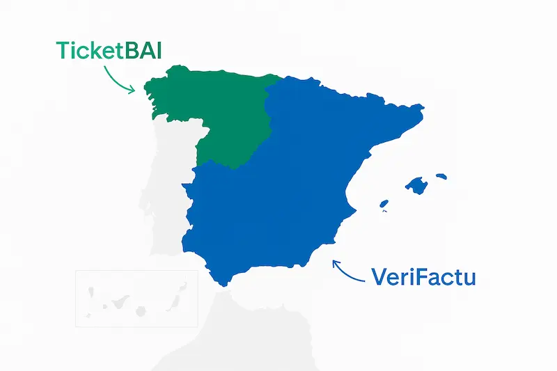 Un mapa de España que muestra cuál es la diferencia entre VeriFactu y TicketBAI