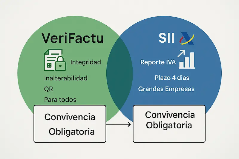 ¿Cuál es la diferencia entre VeriFactu y el Suministro Inmediato de Información (SII)?. Infografía comparando VeriFactu (un candado en una factura) con el SII (un gráfico de envío de datos a la Agencia Tributaria), mostrando la diferencia.