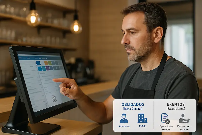 Dueño de un bar utilizando un TPV moderno, demostrando que los bares, restaurantes y comercios minoristas están obligados a usar VeriFactu.