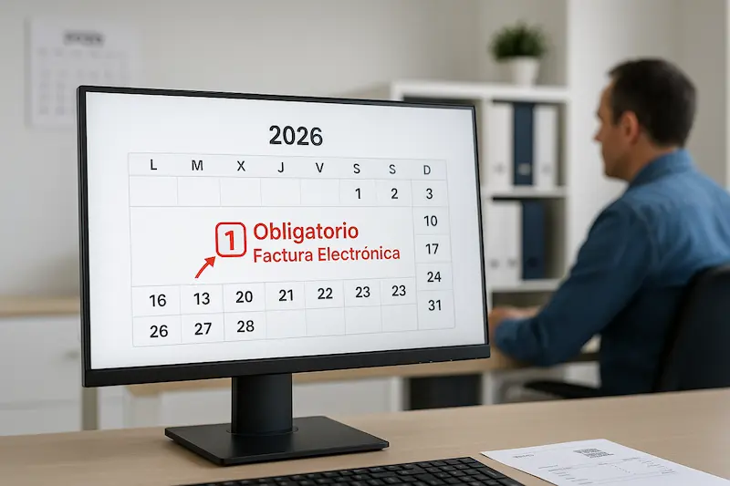 Un empresario revisa un calendario digital que marca la fecha de cuándo es obligatoria la facturación electrónica en España.