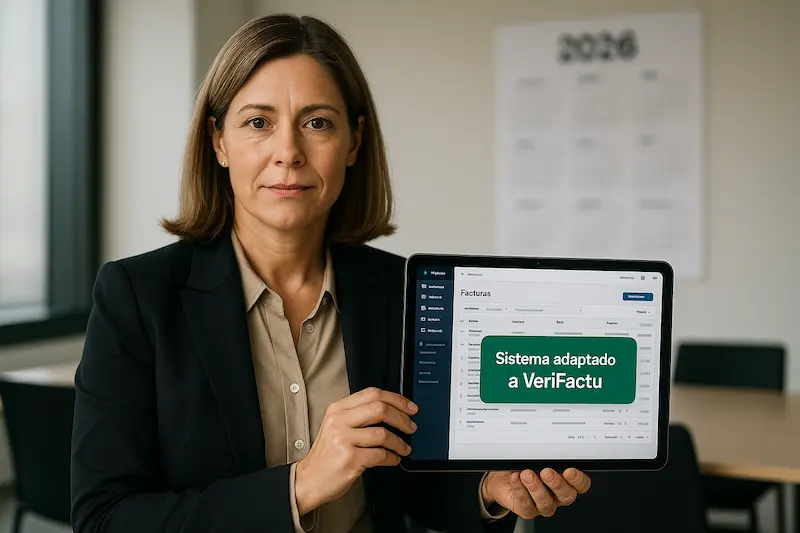 Es VeriFactu obligatorio para todas las pymes. Un gerente de una pyme revisando un software de facturación en una tableta con un sello de "VeriFactu OK", planificando la adaptación para 2026.