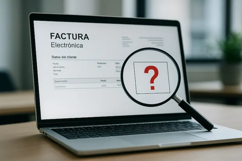 Qué pasa si una factura electrónica no tiene el código QR de VeriFactu. Una lupa examina una factura electrónica en una pantalla, señalando la ausencia del código QR de VeriFactu.