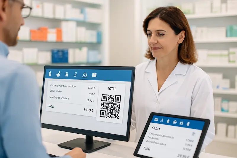 ¿Las farmacias están obligadas a usar VeriFactu?. Farmacéutica utilizando un ordenador con software VeriFactu para emitir un ticket con código QR, demostrando que las farmacias están obligadas.