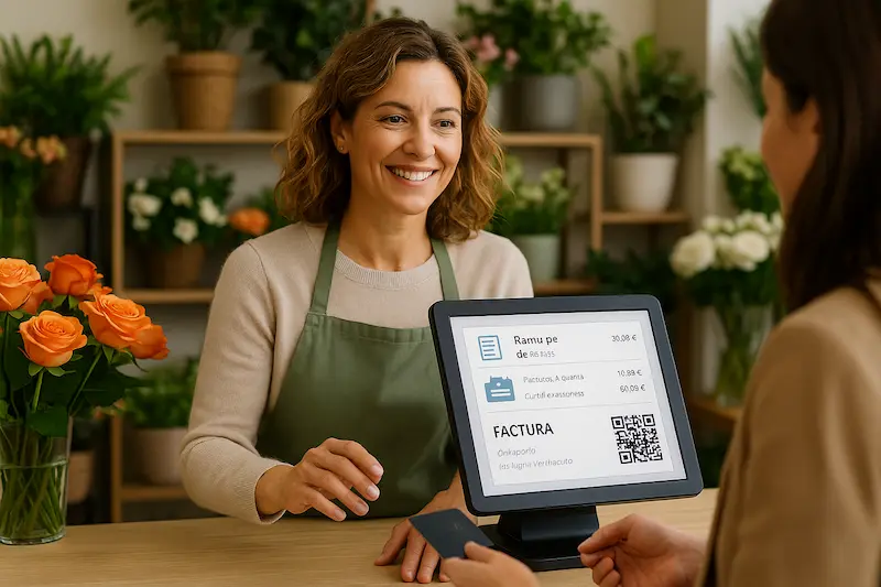 ¿Las floristerías están obligadas a usar VeriFactu?. Dueña de una floristería usando un TPV para emitir un ticket con código QR, demostrando que las floristerías están obligadas a usar VeriFactu.