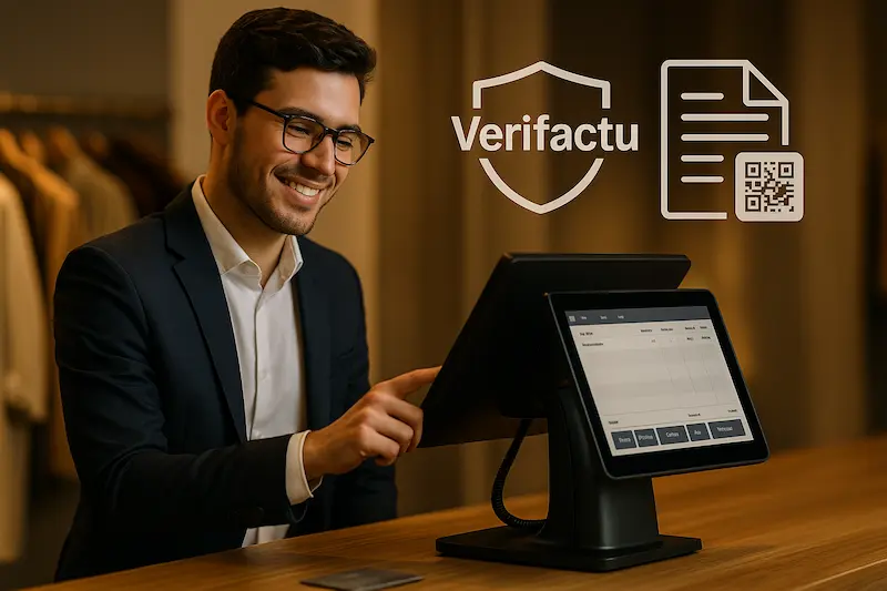 Un empresario utilizando un TPV moderno en su negocio con iconos de Verifactu y factura electrónica superpuestos.